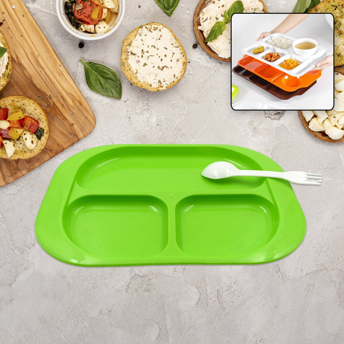 Biodegradable 3-Compartment Plastic Food Plate with Spoon for Snacks (1 Pc)