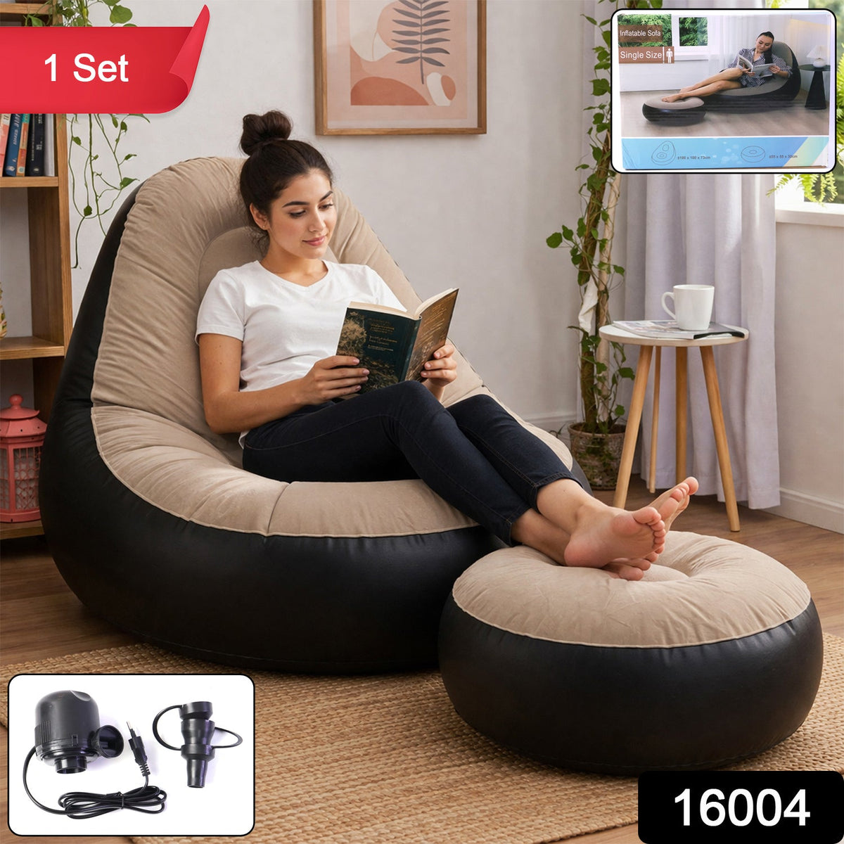 Inflatable Air Sofa Chair Set (1 Set, 100x100x73 + 55x55x30 Cm)