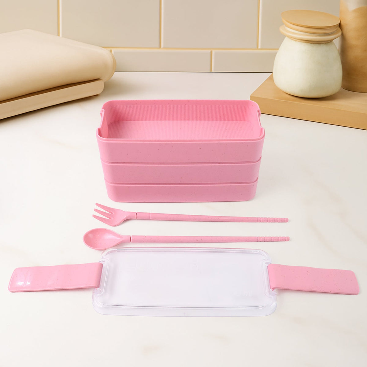 Eco-Friendly 3-Layer Stackable Lunch Box Set with Cutlery