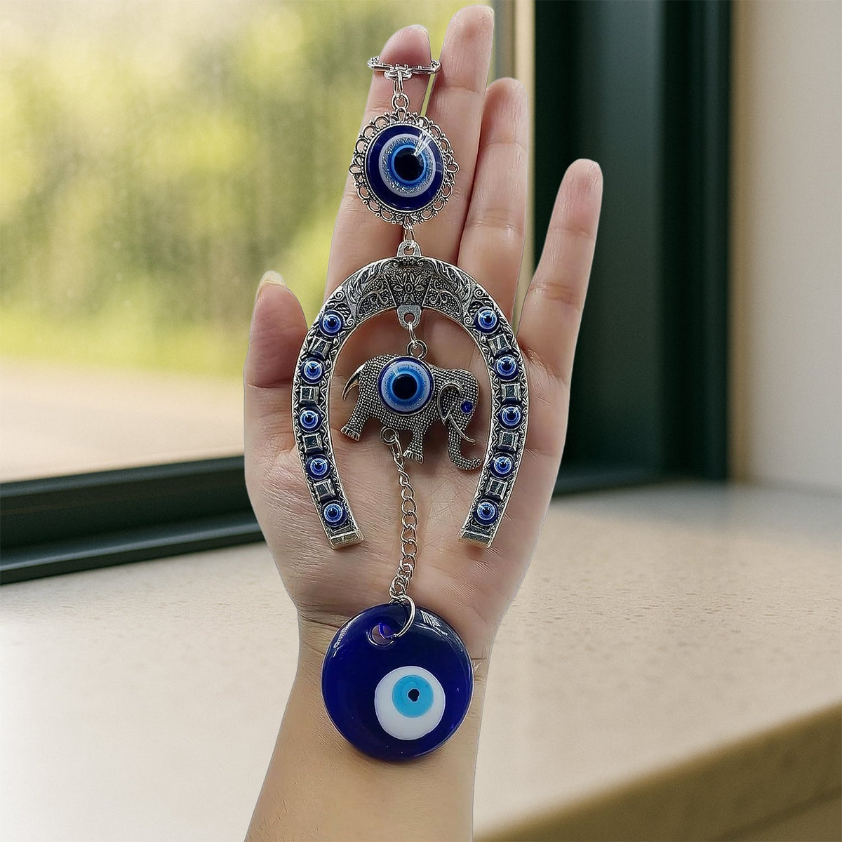 Decorative Evil Eye Hanging with Elephant and Horseshoe Motif, Wind Chime (1 Pc)