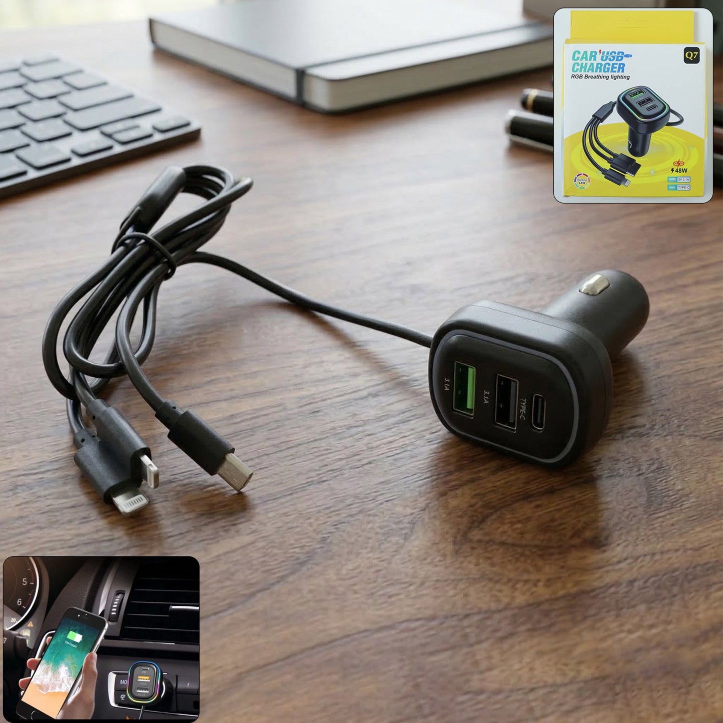rgb breathing light multi port car usb charger 62 cm cable