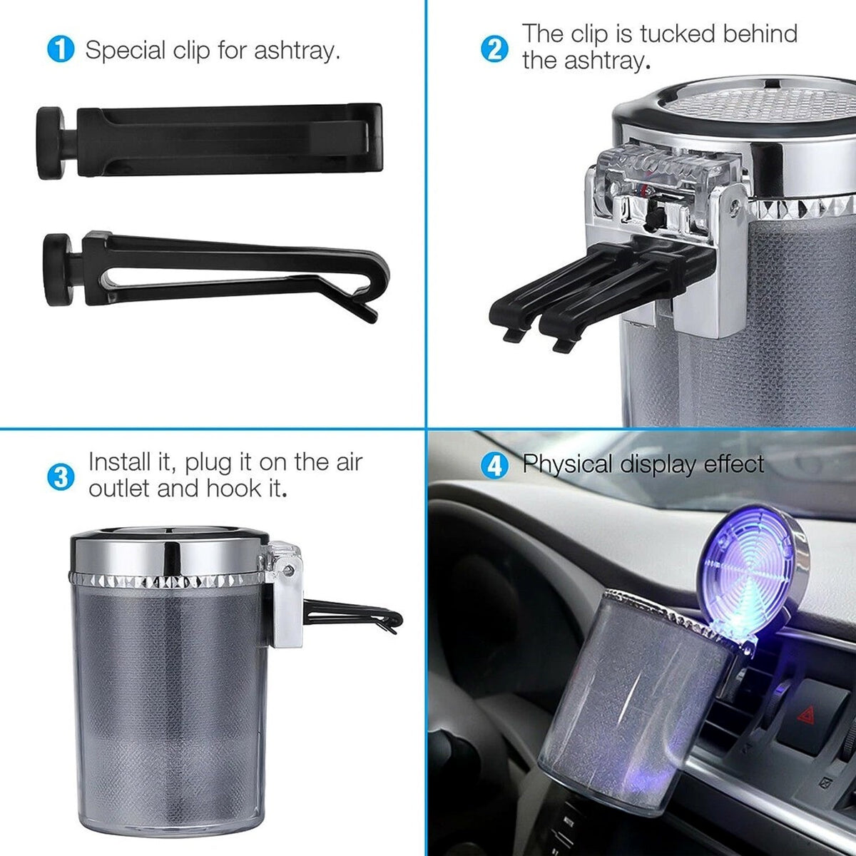 Premium Quality LED Illuminated Car Ashtray with Lid and Detachable Holder (1 Pc)