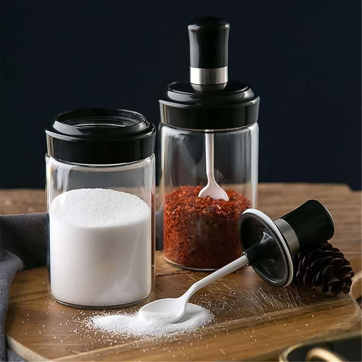 Clear Glass Spice Jar with Integrated Spoon & Airtight Lid (250ml Approx)