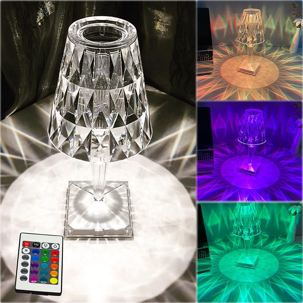 Crystal Diamond LED Table Lamp with 16 Colors – Bedroom Decor
