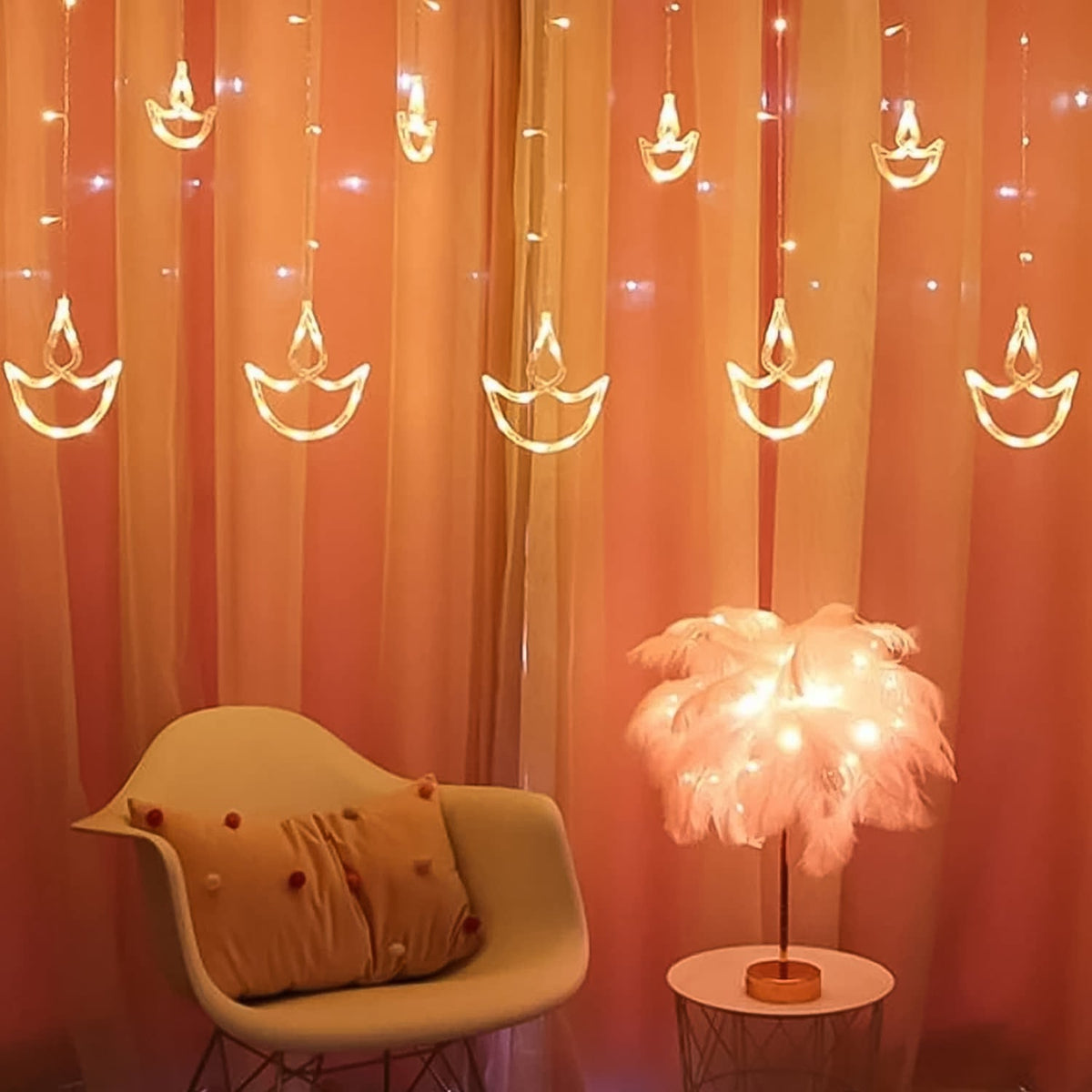 12 Diya Curtain String Lights, Window Curtain Lights (White Color)