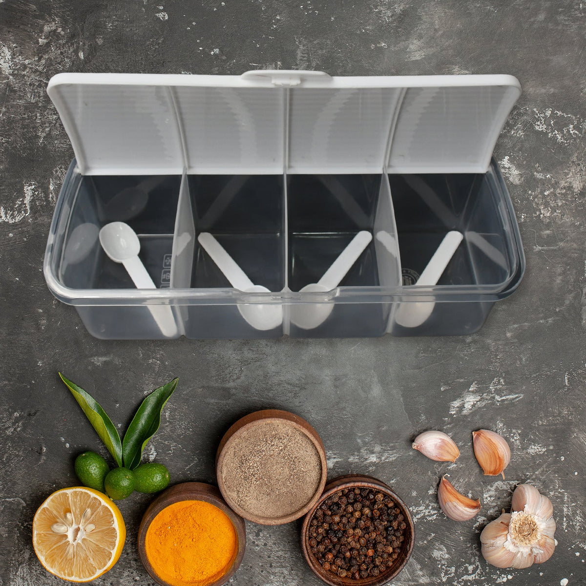 Kitchen Multipurpose Air-tight 4 Sections Storage Containers with 4 spoon (1 Pc )