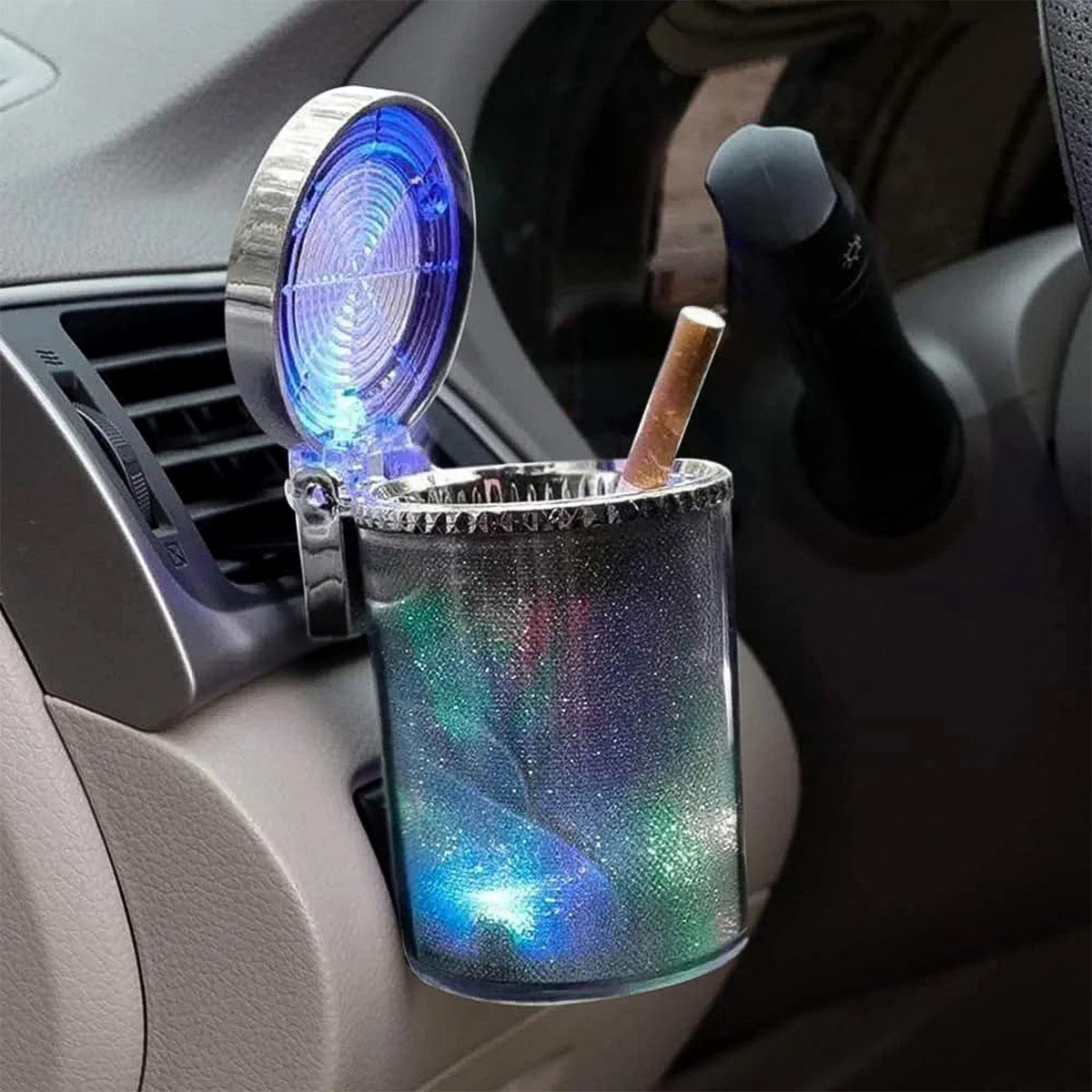 Premium Quality LED Illuminated Car Ashtray with Lid and Detachable Holder (1 Pc)
