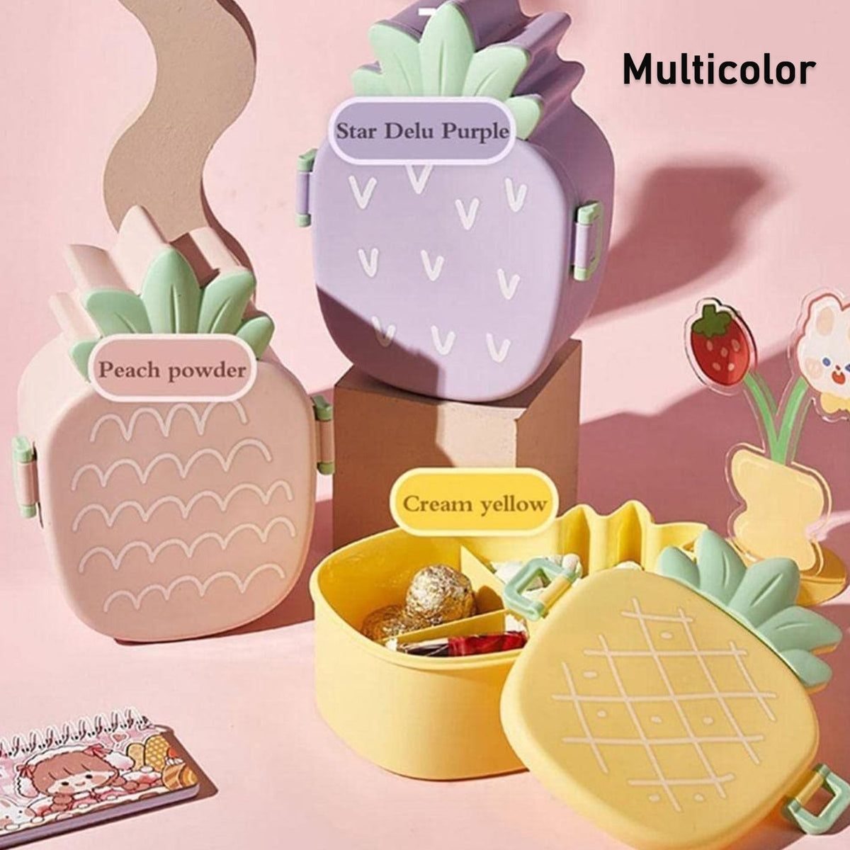 Kids Lunch Box Cute Pineapple Shaped Bento Box with Fork Spoon  Office Lunch Box (1 Pc )