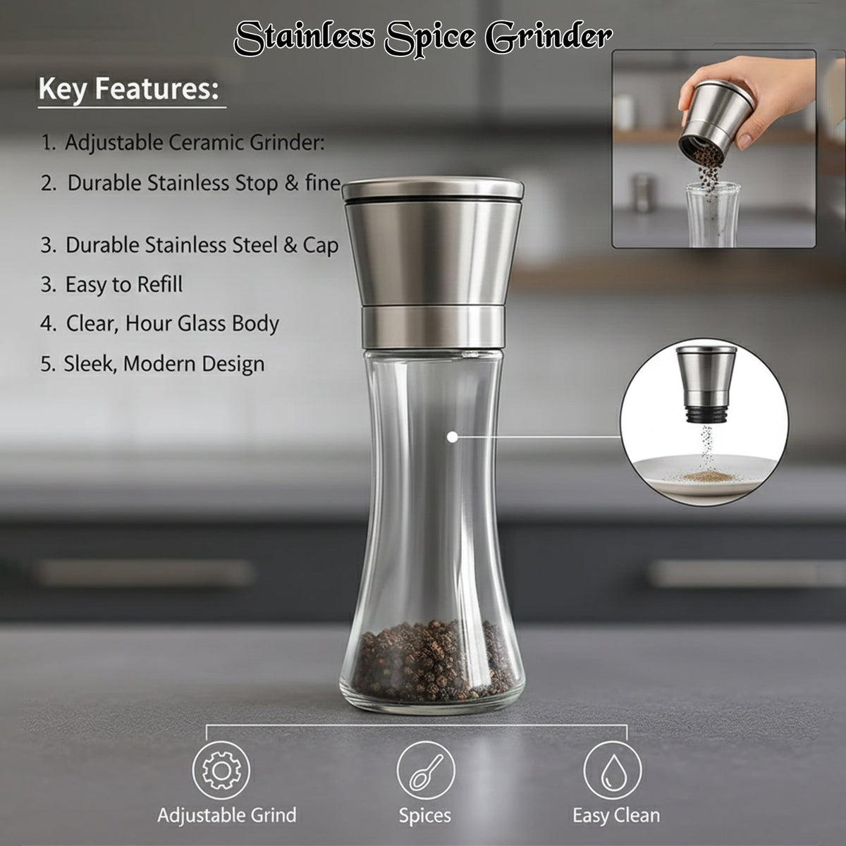 Premium Stainless Steel & Glass Manual Spice Grinder (1 Pc)