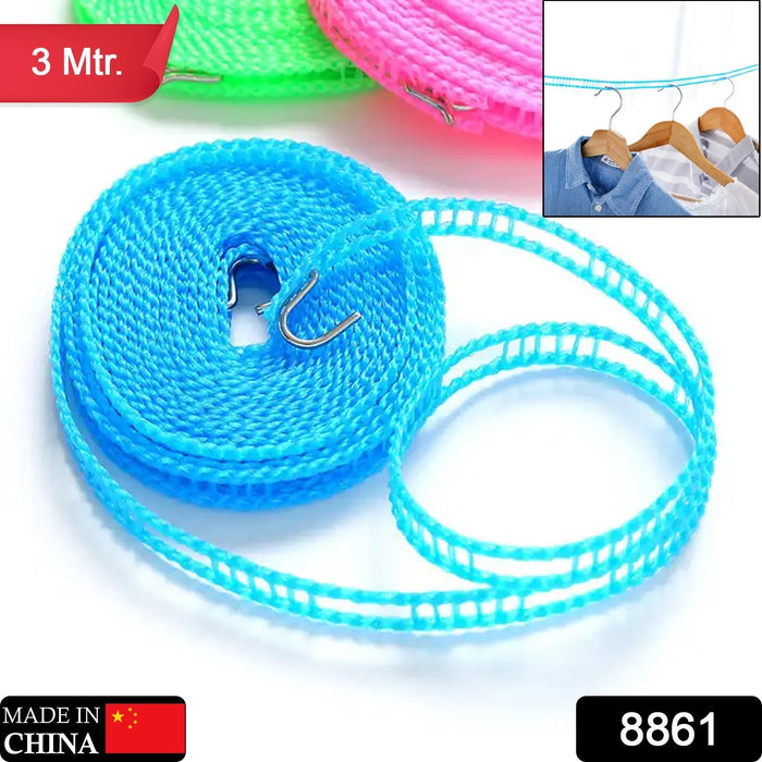 3 Meter Anti-Slip Clothesline Rope - Nylon, Hooks, Indoor/Outdoor