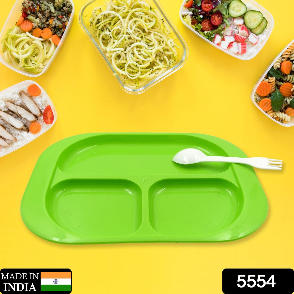 Biodegradable 3-Compartment Plastic Food Plate with Spoon for Snacks (1 Pc)