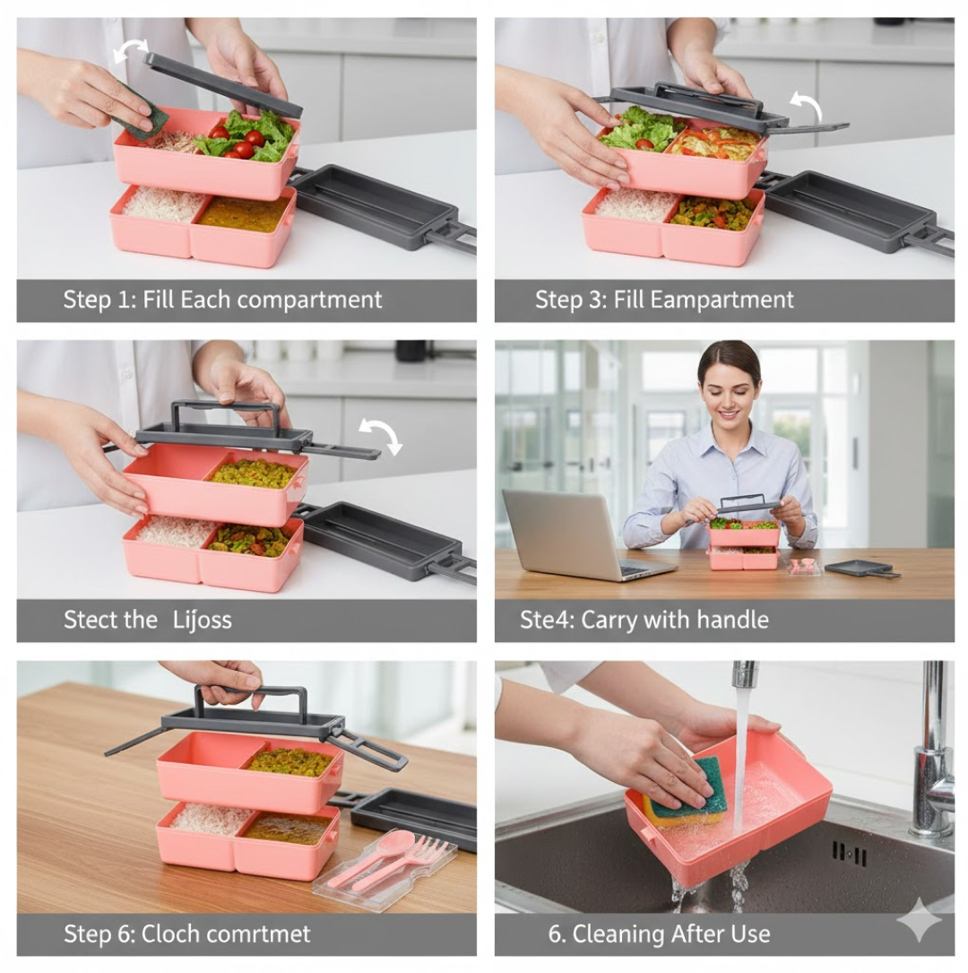 Plastic 2 Layer Leak Proof 3 Compartment Lunch Box for Office  (1 Pc)