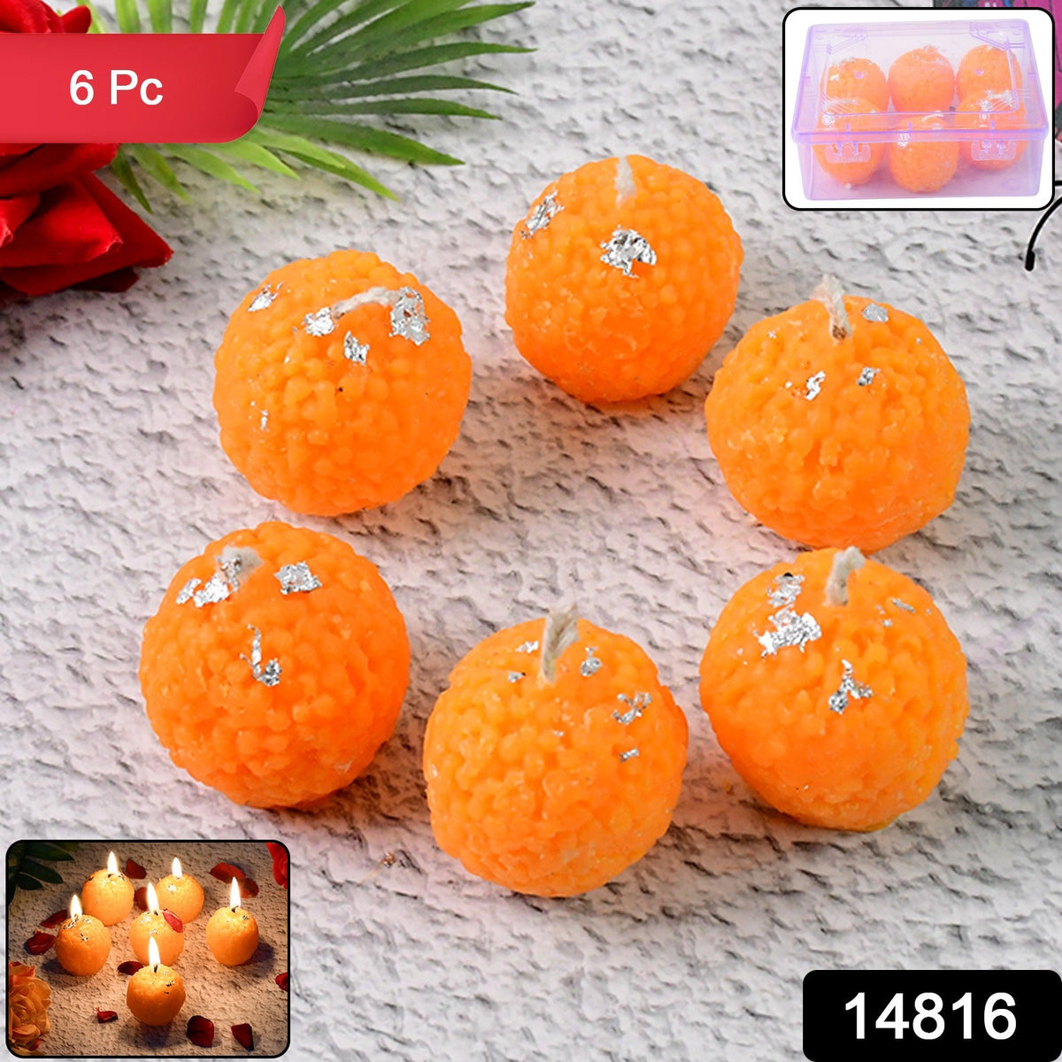 Set of 6 Laddu-Shaped Wax Candles with Silver Leaf Decoration