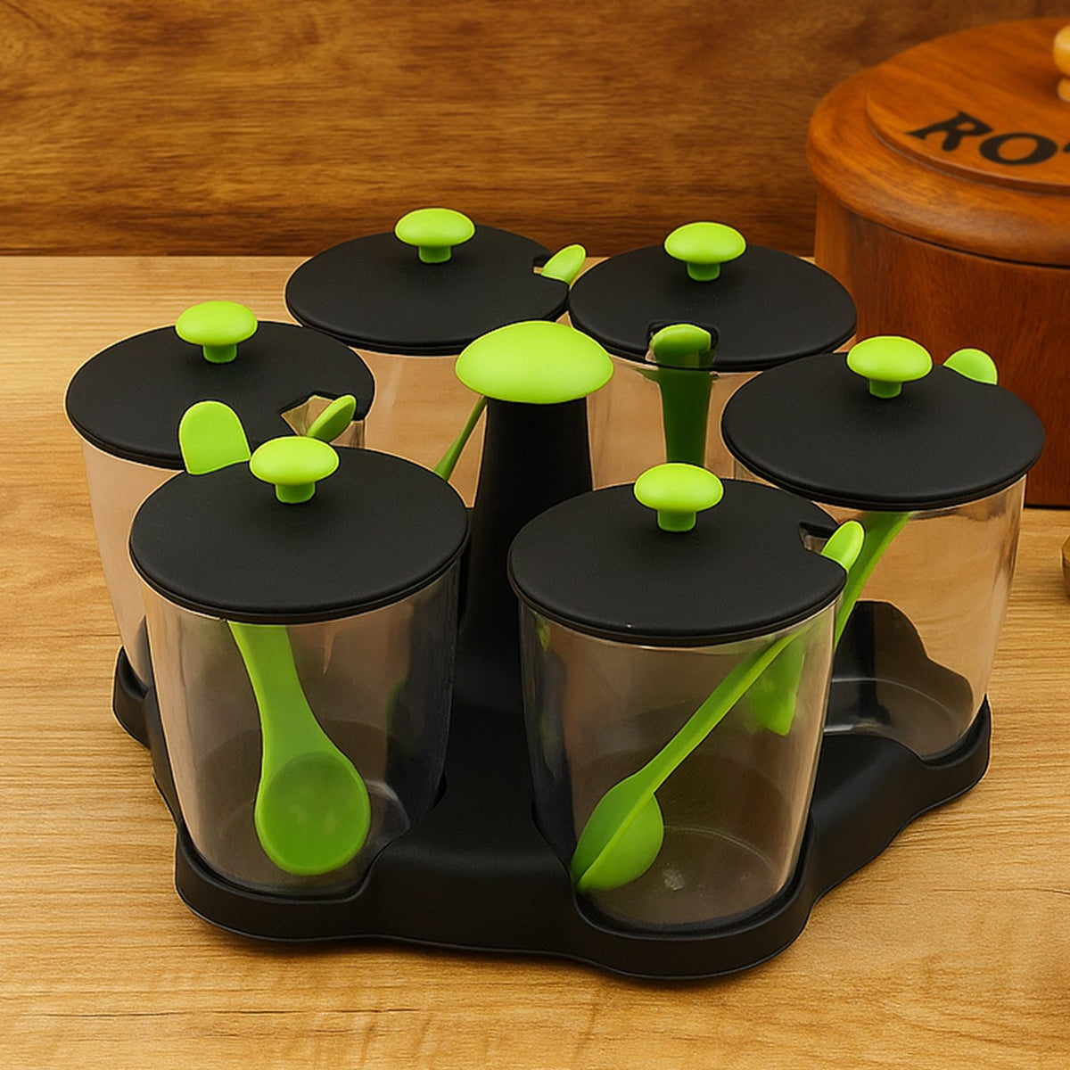 Multipurpose 6 Piece Miracle Revolving Plastic Spice Container Rack With 6 Spoon, Condiment Set, Masala Rack Set, Revolving Spice Rack Aachar Container Chutney Mukhwas Tray Masala Dining Spice Stand