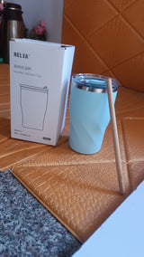 Stainless Steel Insulated Coffee Mug With Wooden Straw, Tumbler (350ml Approx)