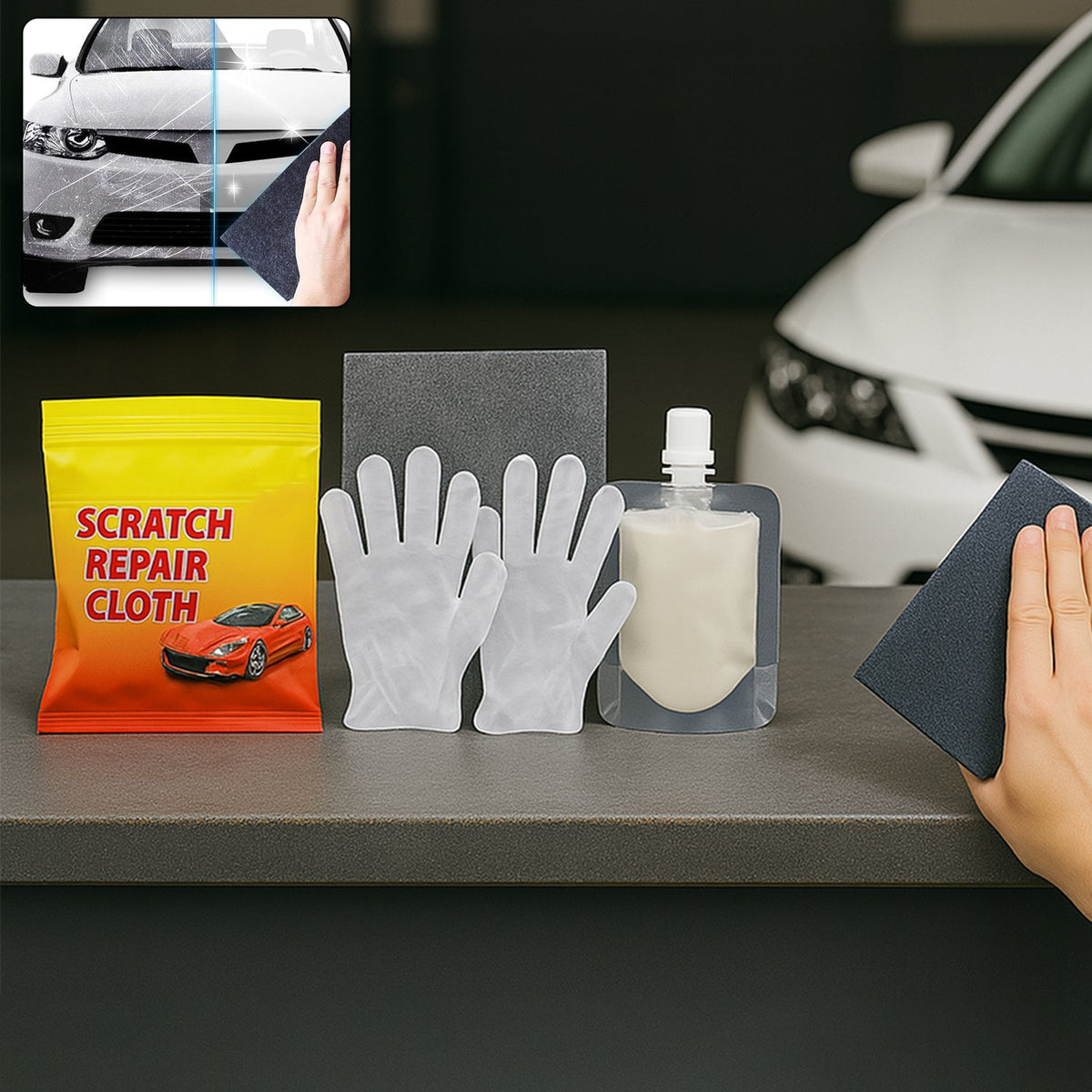 Nano Magic Car Scratch Remover Cloth, Multipurpose Scratch Repair Cloth, Cloth for Car Paint Scratch Repair, Easy to Repair Slight Scratches on the Surface Polishing Repeatable Use for All Kinds of Car (45 ML Repair Solution, 2 Gloves, 2 nano Cloth)