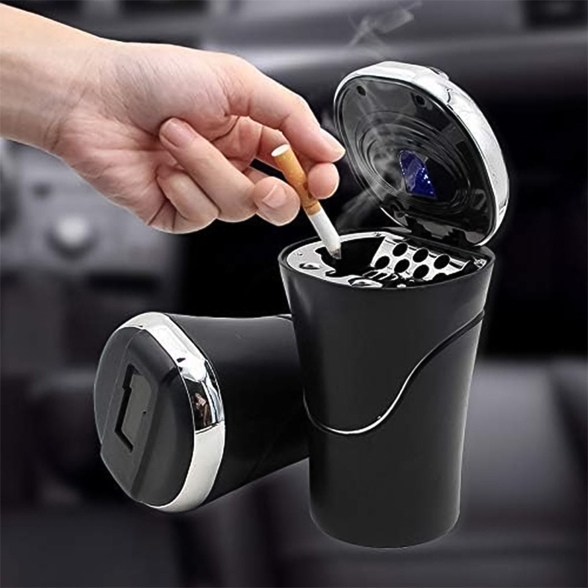 Premium Quality LED Illuminated Car Ashtray with Lid and Detachable Holder (1 Pc)