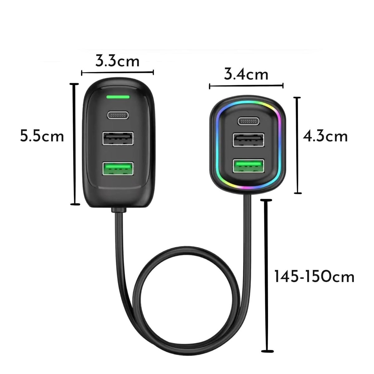 multi device car charger splitter with long cable