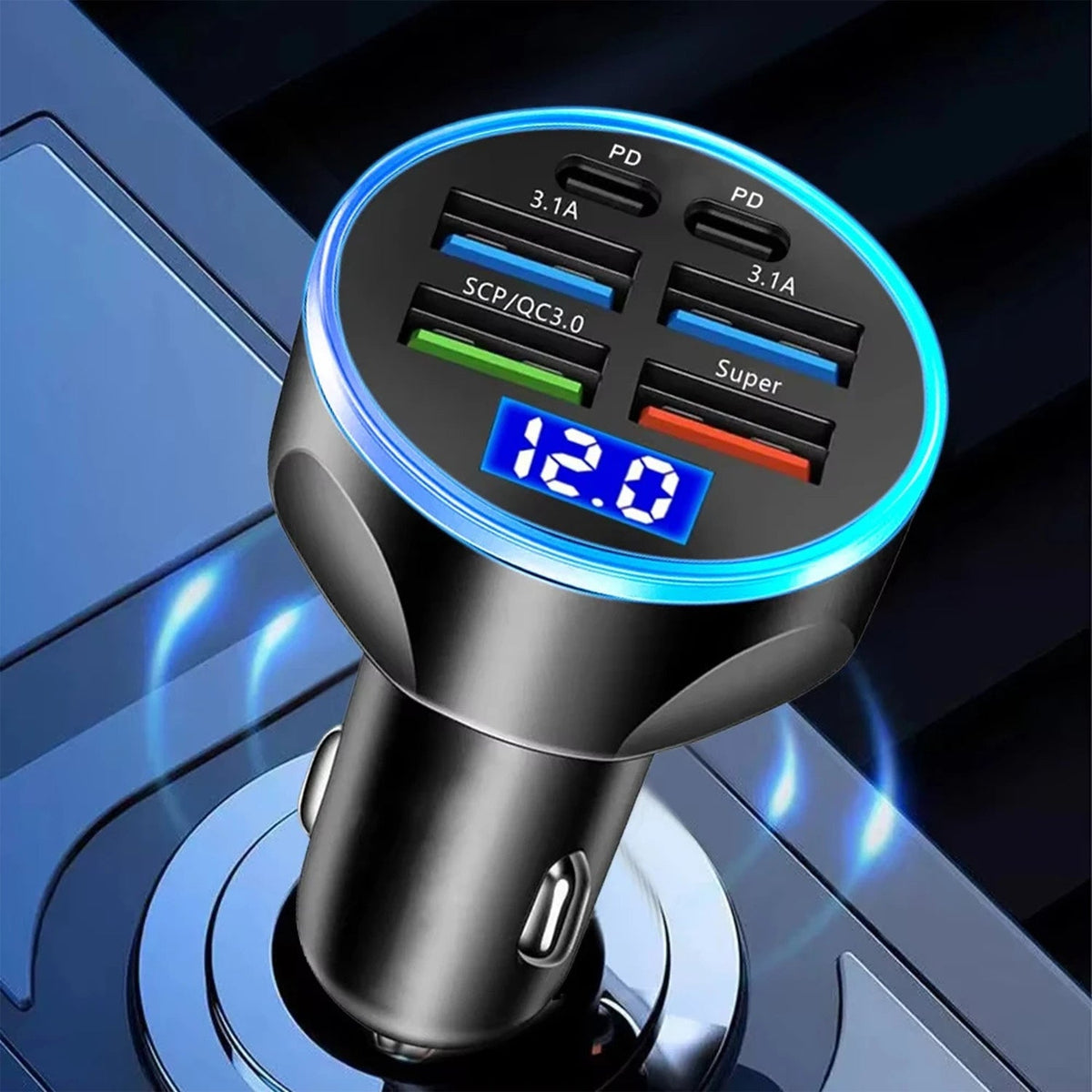 Multi-Port Fast Car Charger for 12V/24V Vehicles – 4-USB Smart Adapter