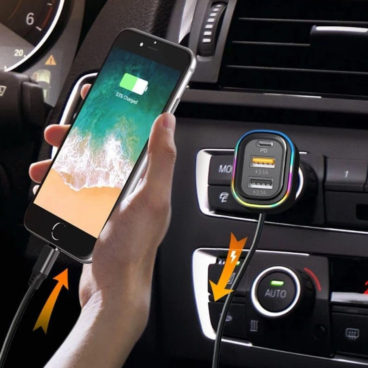 car usb charger splitter with rgb breathing light