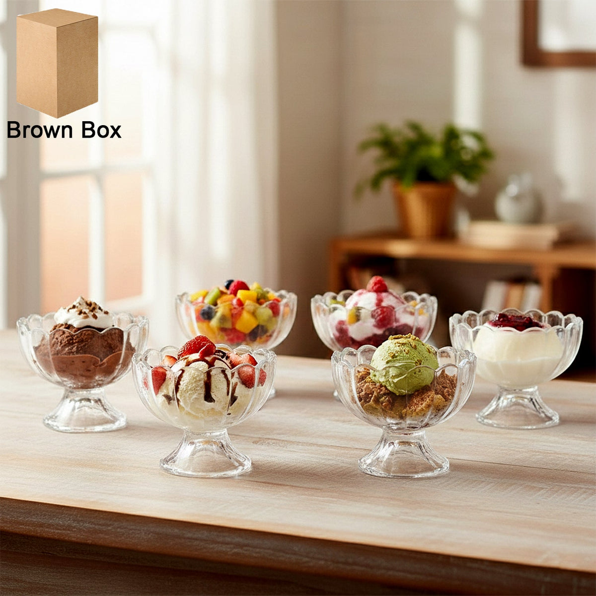 Serving Dessert Bowl Set - 6pcs Ice Cream, Salad, and Fruit Bowls (Brown Box)