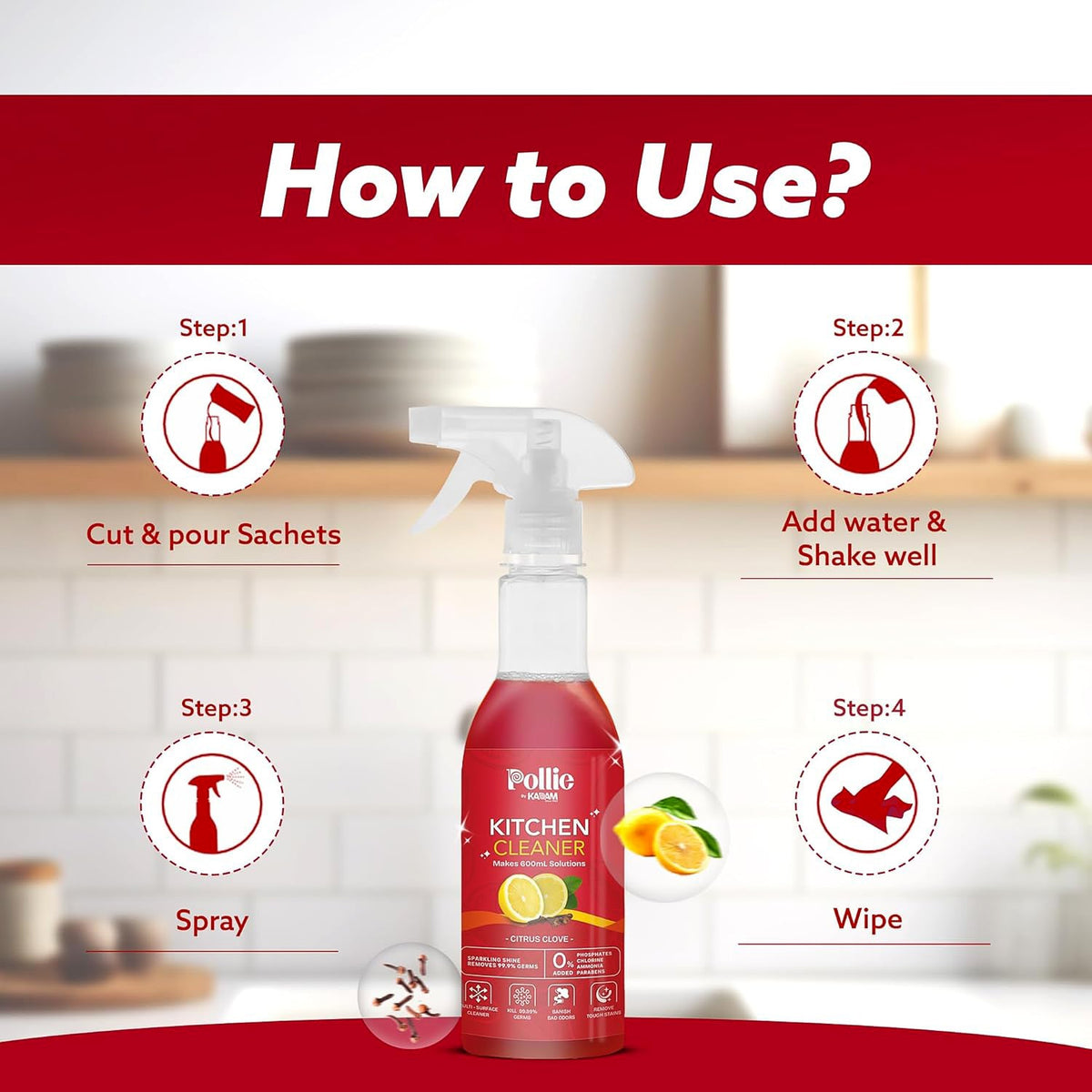 Pollic kadam Concentrated Kitchen Surface Cleaner Refill Kit with Spray Bottle