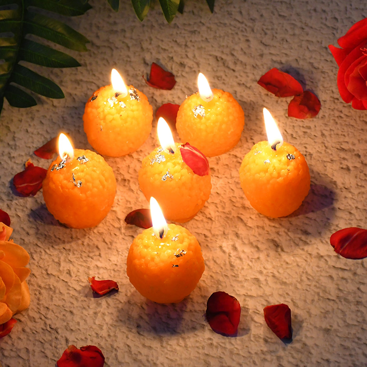 Set of 6 Laddu-Shaped Wax Candles with Silver Leaf Decoration