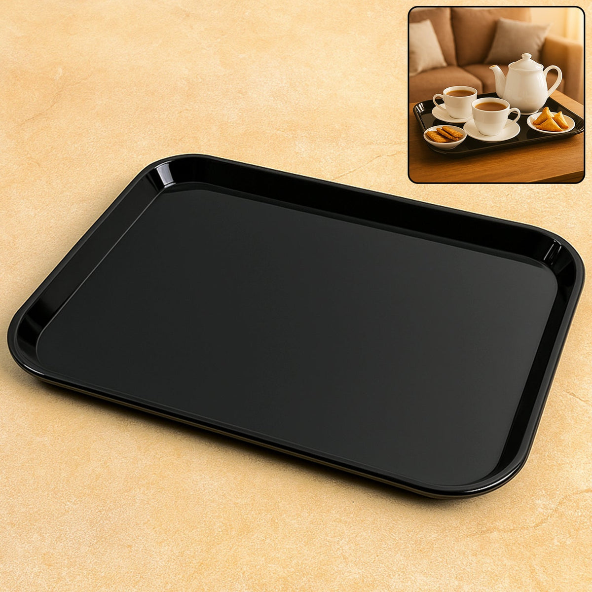 Plastic Serving Tray / Plate – 40 × 30 cm (1 Pc / Black)
