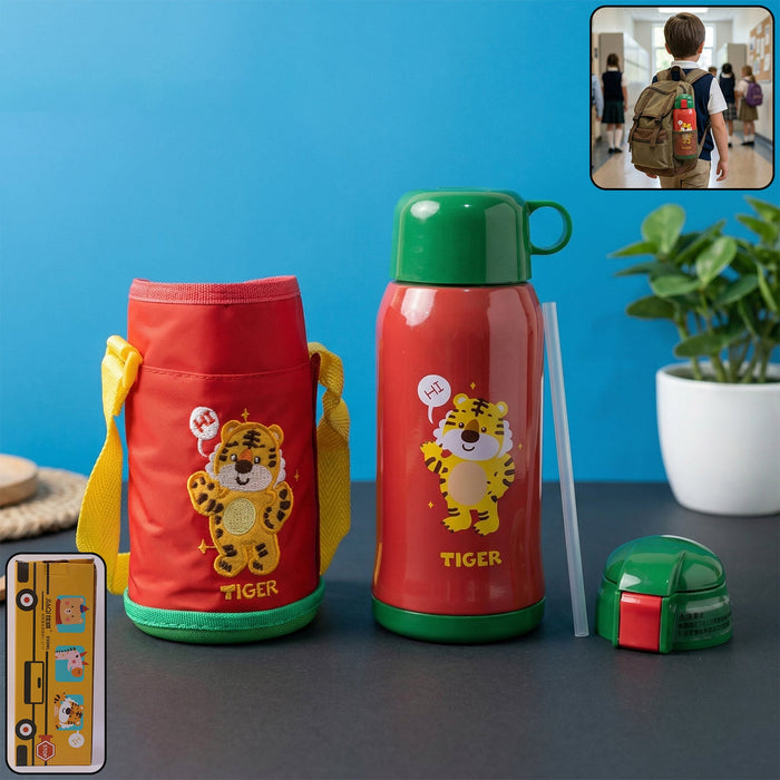 550 ML Kids Cartoon Printed Water Bottle with Straw and Carry Sling Bag