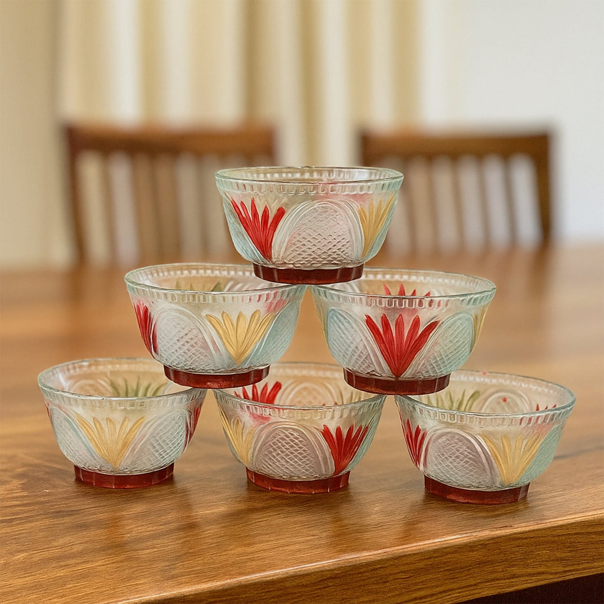 Rose glass Multipurpose Pudding / Dessert / Ice Cream Bowl Set for Home use, Home & Kitchen Serving Bowl for Sundae, Sweets, Snacks, Fruit, Pudding, Nuts or Dip, Serving Bowls 6 Medium & 1 Big Bowl (Set of 7 pc)