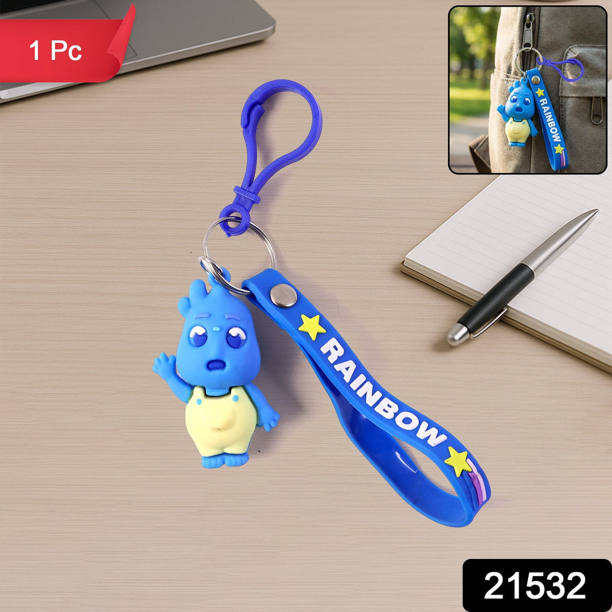 Cute Cartoon Character Keychain with Silicone Strap & Carabiner Clip – 1 Pc
